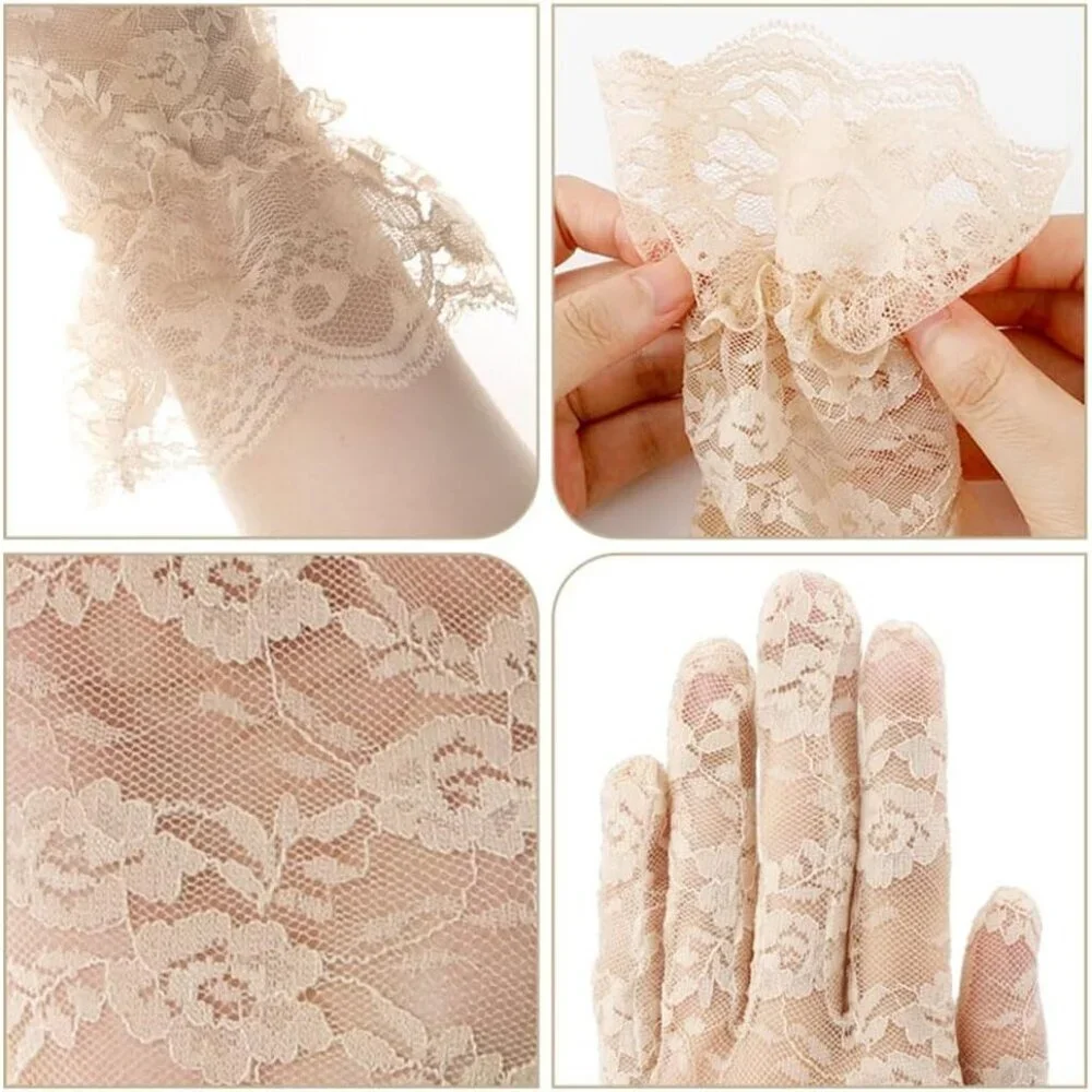 Women's Evening Beige Flower Pattern Lace Gloves Design Wedding Party Prom
